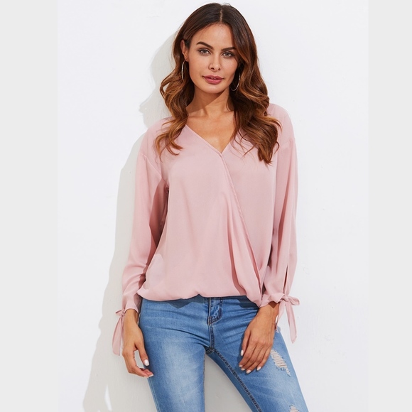 Pink Faux Wrap Blouse with Ties Detailed Sleeves - Picture 4 of 6